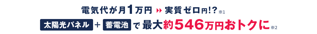 【電気代が月1万円→実質ゼロ円！？】※1 / 太陽光パネル+蓄電池で最大約546万円おトクに※2