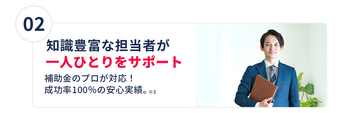 【②知識豊富な担当者が一人ひとりをサポート】補助金のプロが対応！成功率100％の安心実績。※3