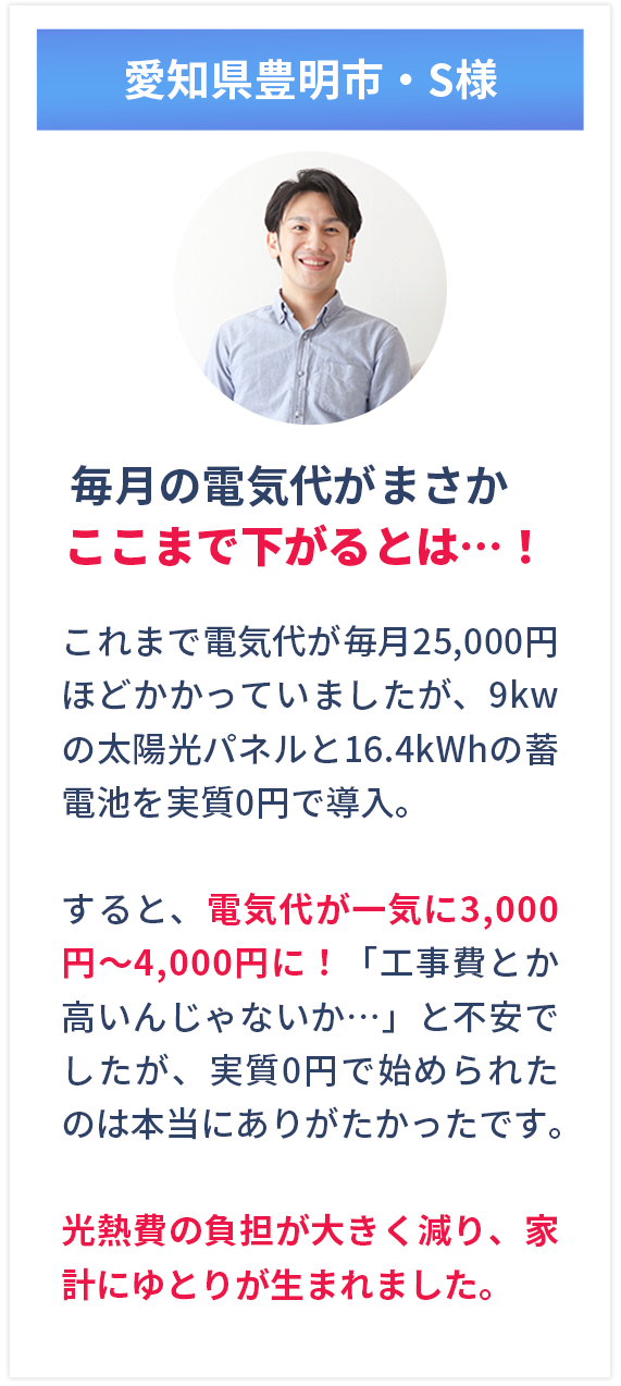 電気代が毎月25,000円ほどかかっていましたが、電気代が一気に3,000円〜4,000円に！