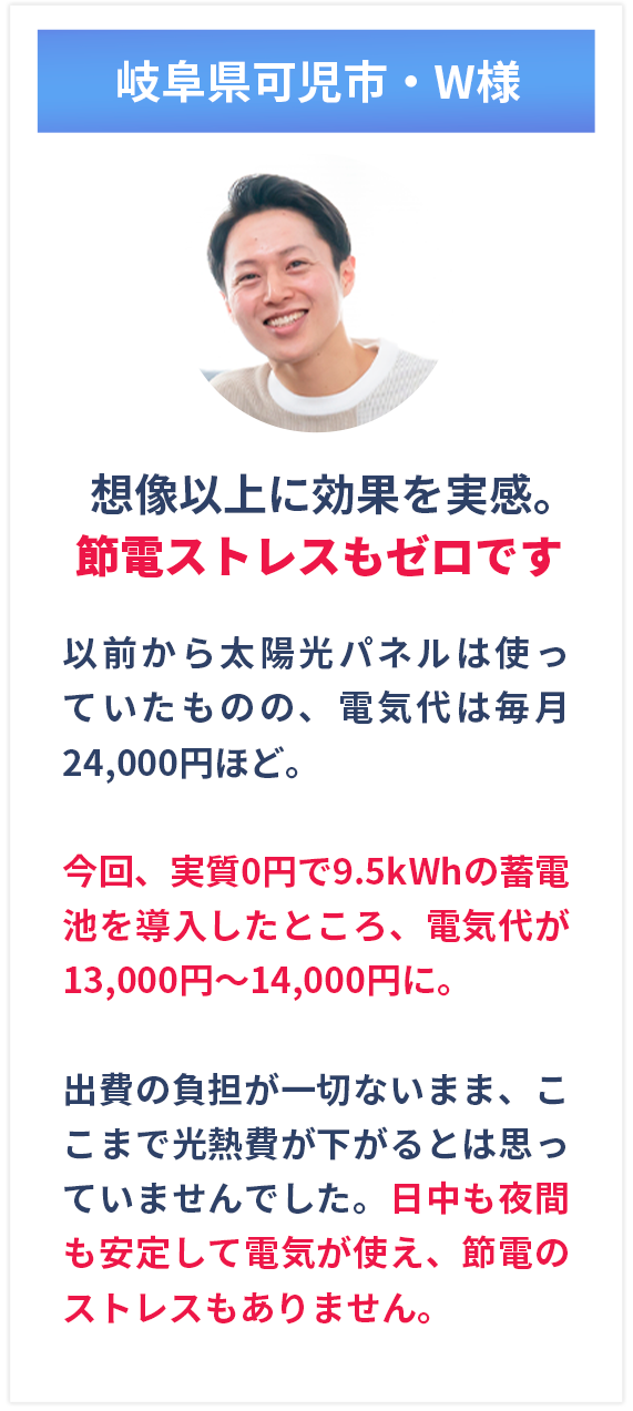 「想像以上に効果を実感。節電ストレスもゼロです」電気代は毎月24,000円ほど。今回、初期費用0円で9.5kWhの蓄電池を導入したところ、電気代が13,000円〜14,000円に！